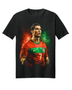 Black t-shirt with a graphic of a soccer player in a red and green jersey, displayed on a person and shown from different angles.