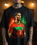Black t-shirt with a graphic of a soccer player in a red and green jersey, displayed on a person and shown from different angles.